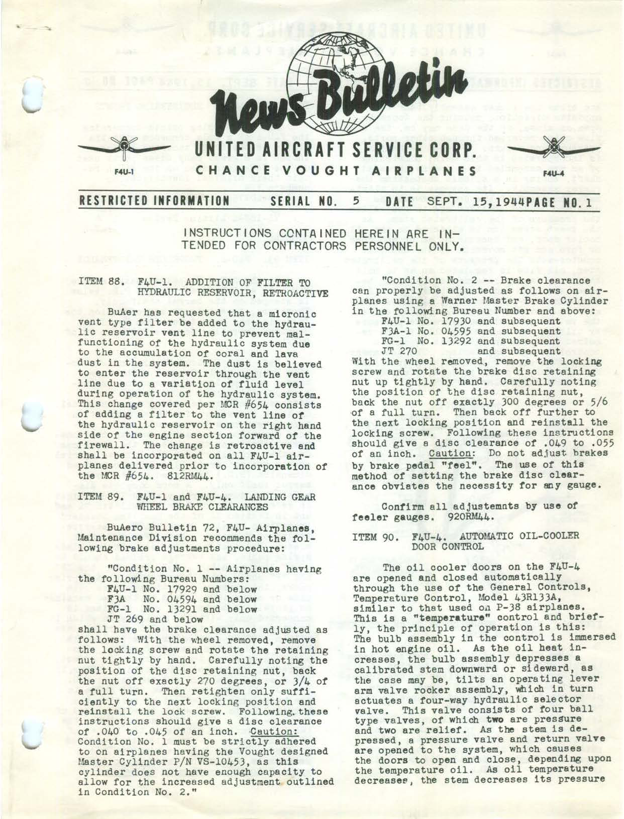 Sample page 1 from AirCorps Library document: F4U-1 Addition of Filter to Hydraulic Reservoir Retroactive News Bulletin