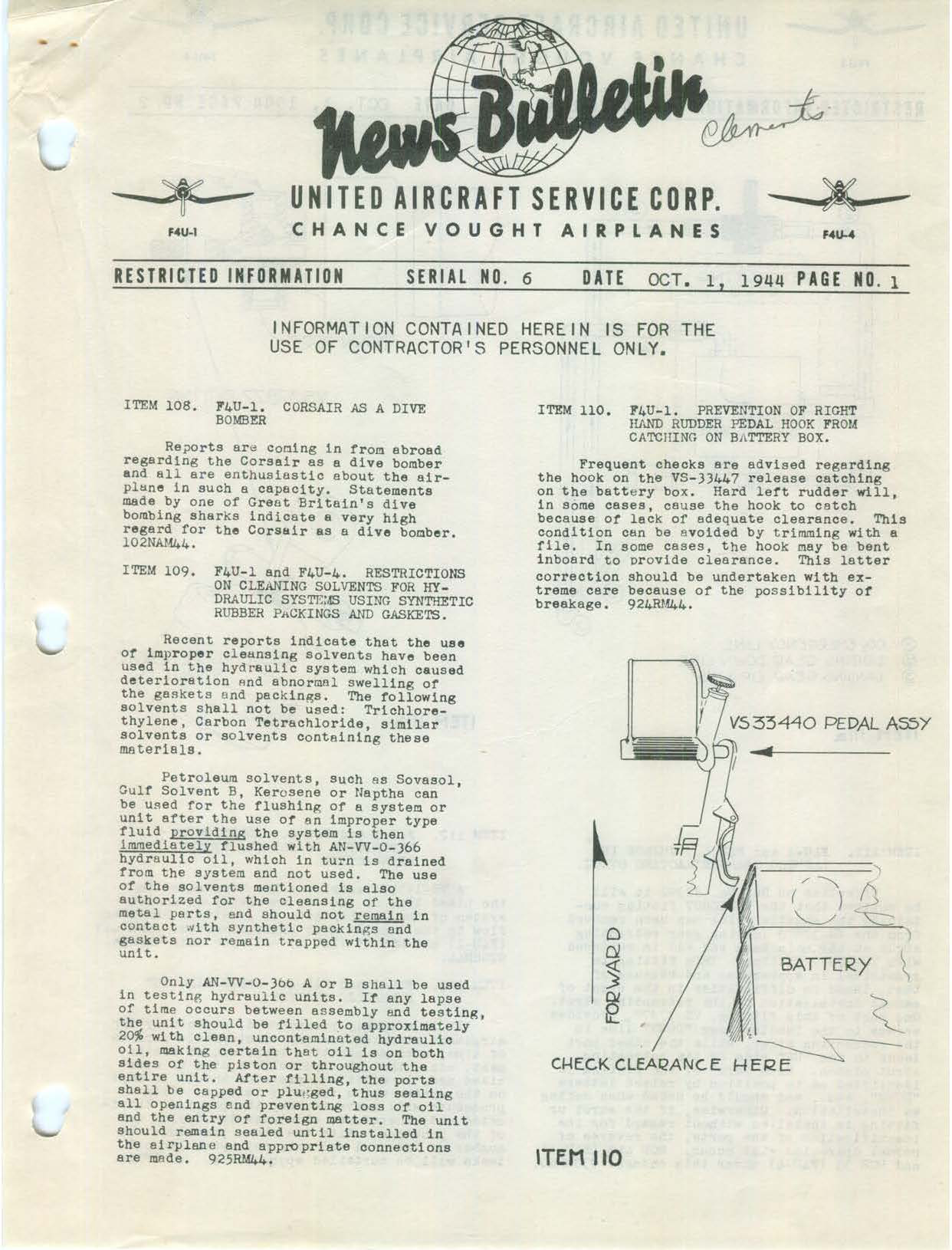 Sample page 1 from AirCorps Library document: F4U-1 Corsair as a Dive Bomber News Bulletin