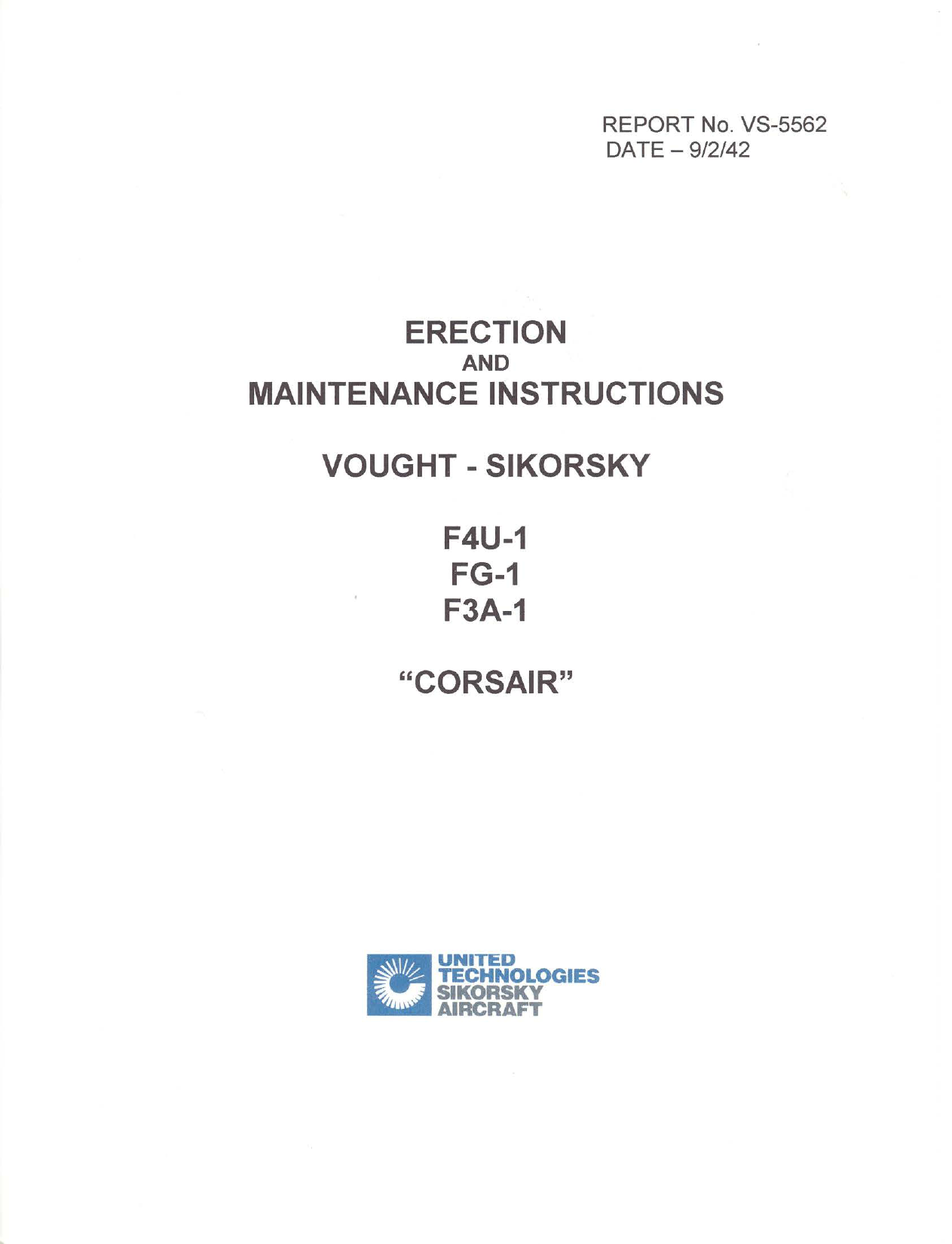 Sample page 1 from AirCorps Library document: Erection and Maintenance Instructions for Corsair F4U-1, FG-1, and F3A-1