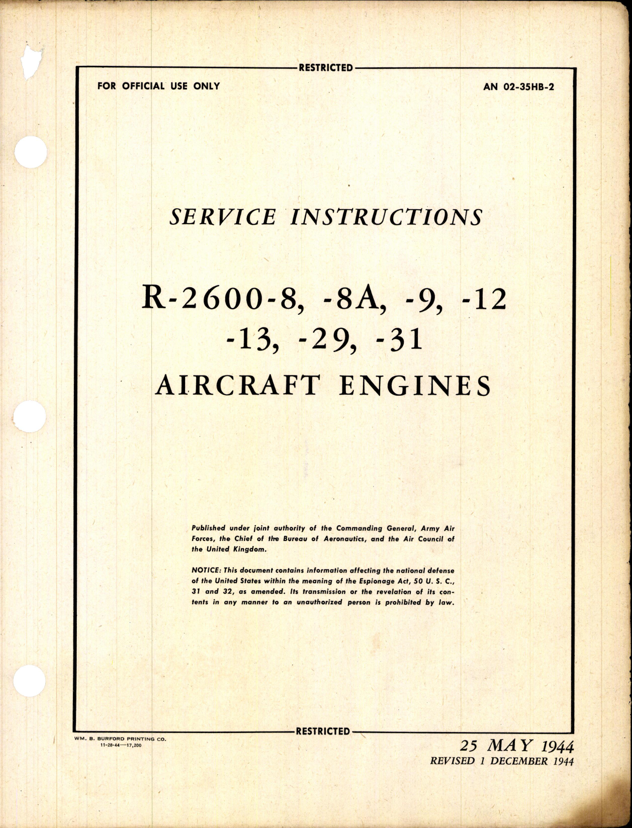 Sample page 1 from AirCorps Library document: Service Instructions for R-2600