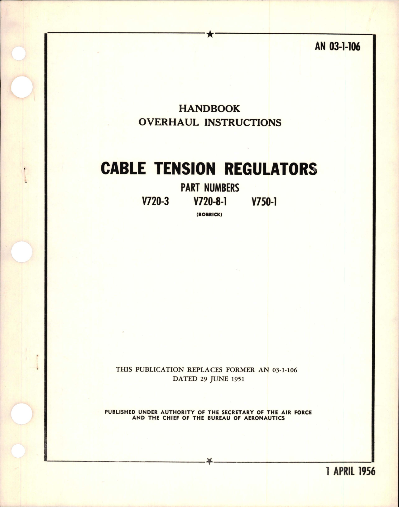 Sample page 1 from AirCorps Library document: Overhaul Instructions for Cable Tension Regulators - V720-3, V720-8-1, and V750-1