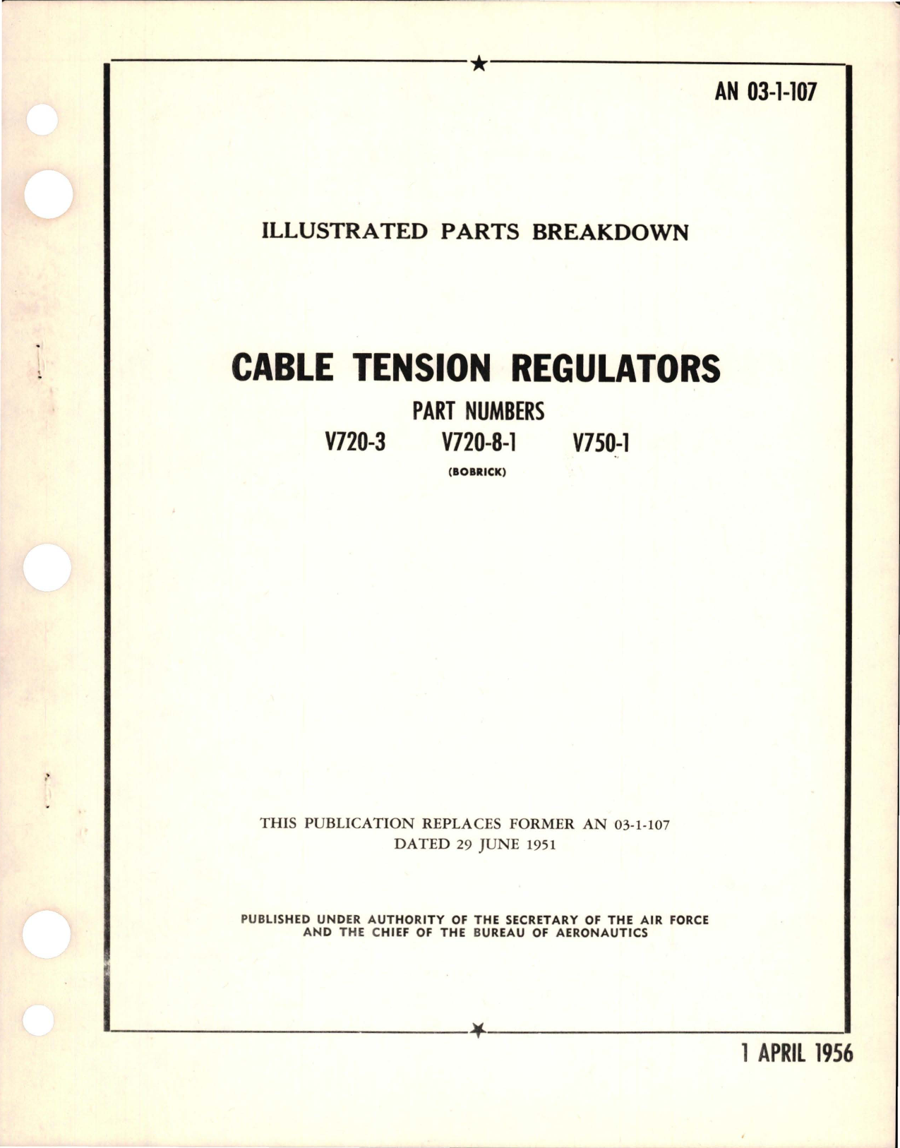 Sample page 1 from AirCorps Library document: Illustrated Parts Breakdown for Cable Tension Regulators - Parts V720-3, V720-8-1, and V750-1
