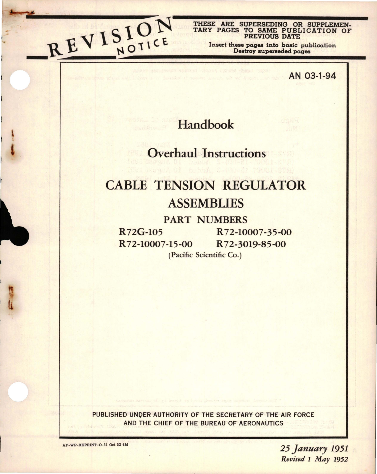 Sample page 1 from AirCorps Library document: Overhaul Instructions for Cable Tension Regulator Assemblies -  R72G-105, R72-10007-15-00, R72-10007-35-00, and R72-3019-85-00