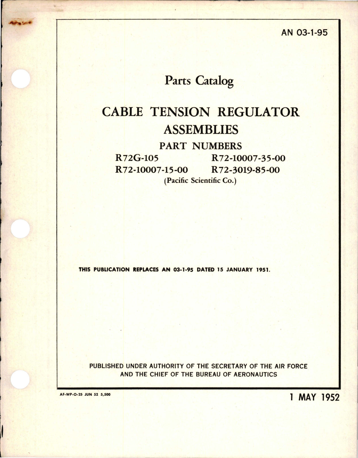 Sample page 1 from AirCorps Library document: Parts Catalog for Cable Tension Regulator Assemblies- Parts R72G-105, R72-10007-15-00, R72-10007-35-00, and R72-3019-85-00