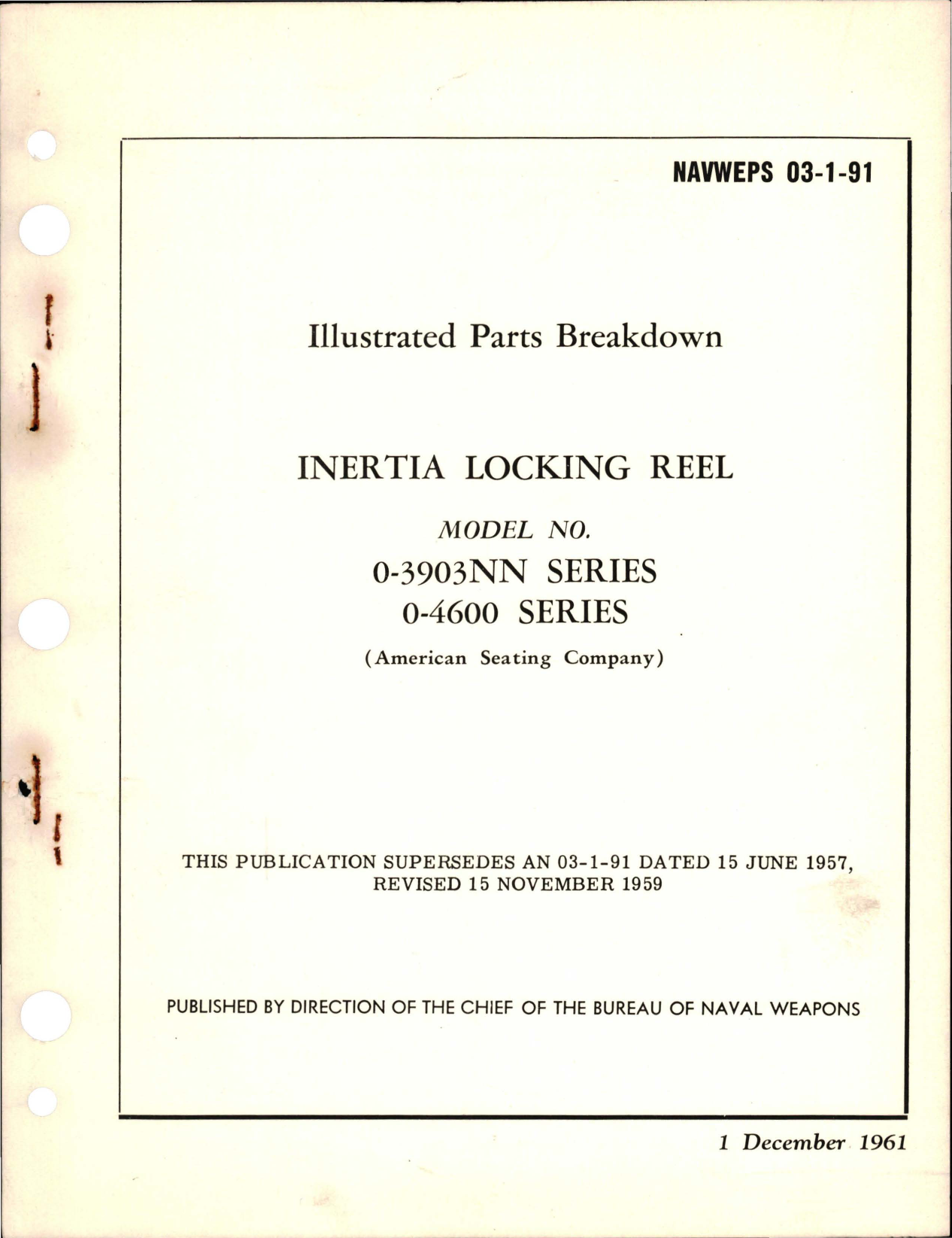Sample page 1 from AirCorps Library document: Illustrated Parts Breakdown for Inertia Locking Reel - Models 0-3903NN and 0-4600 Series