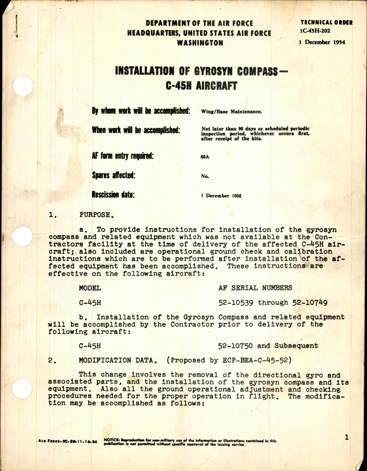 Sample page 1 from AirCorps Library document: Installation of Gyrosyn Compass for C-45H