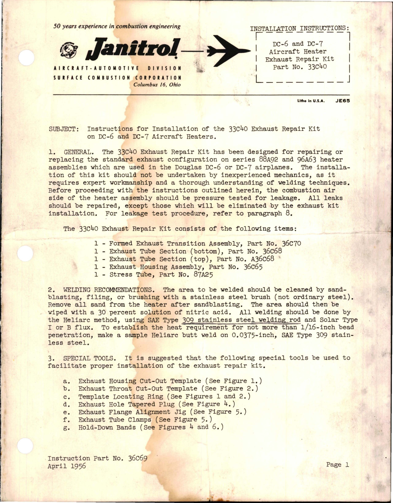 Sample page 1 from AirCorps Library document: Installation Instructions for DC-6 and DC-7 Aircraft Heater Exhaust Repair Kit - Part 33C40