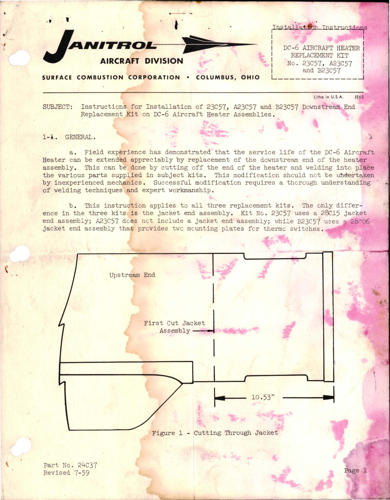 Sample page 1 from AirCorps Library document: Installation Instructions for DC-6 Aircraft Heater Replacement Kit - 23C57, A23C57, and B23C57