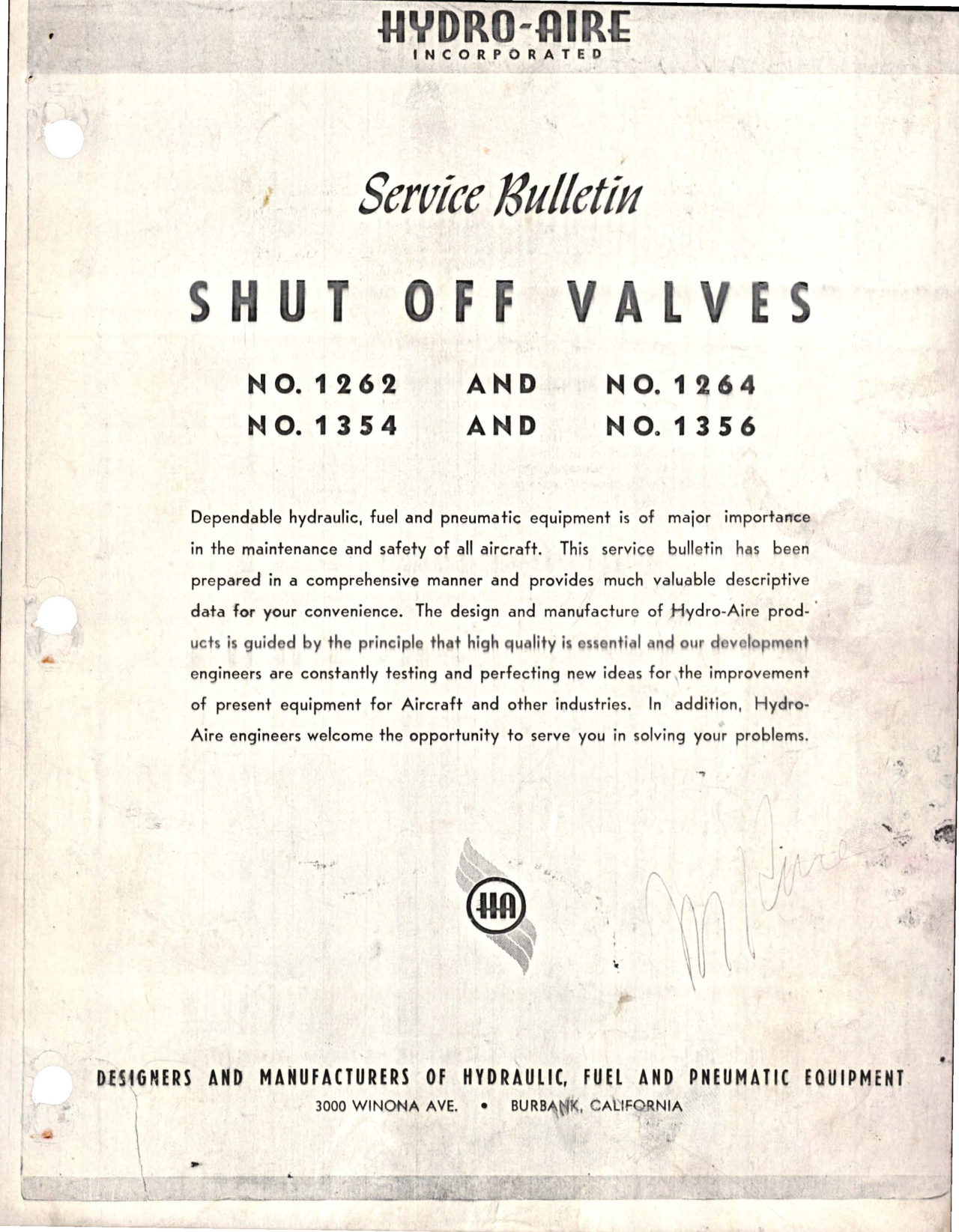 Sample page 1 from AirCorps Library document: Service Bulletin for Shut Off Valves - 1262, 1264, 1354 and 1356 