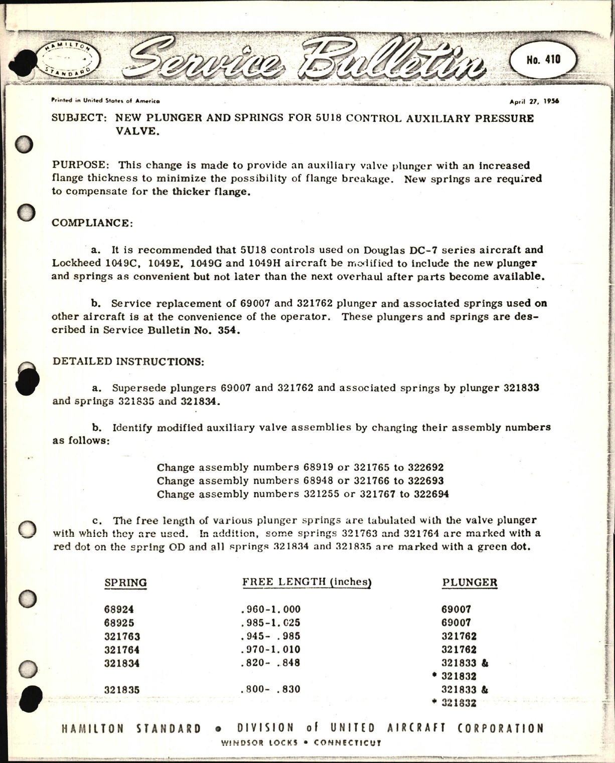 Sample page 1 from AirCorps Library document: New Plunger and Springs for 5U18 Control Auxiliary Pressure Valve