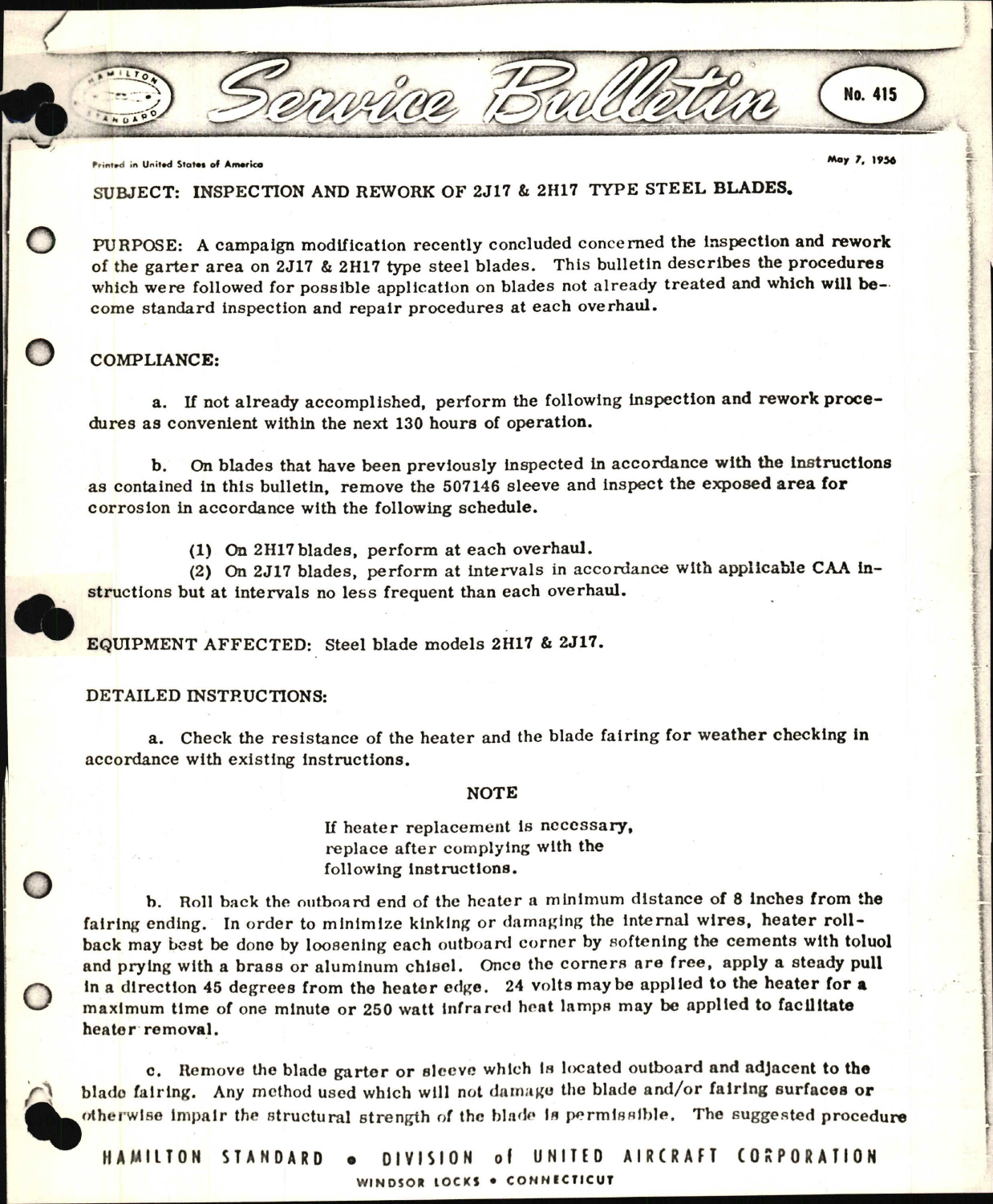 Sample page 1 from AirCorps Library document: Inspection and Rework of 2J17 & 2H17 Type Steel Blades