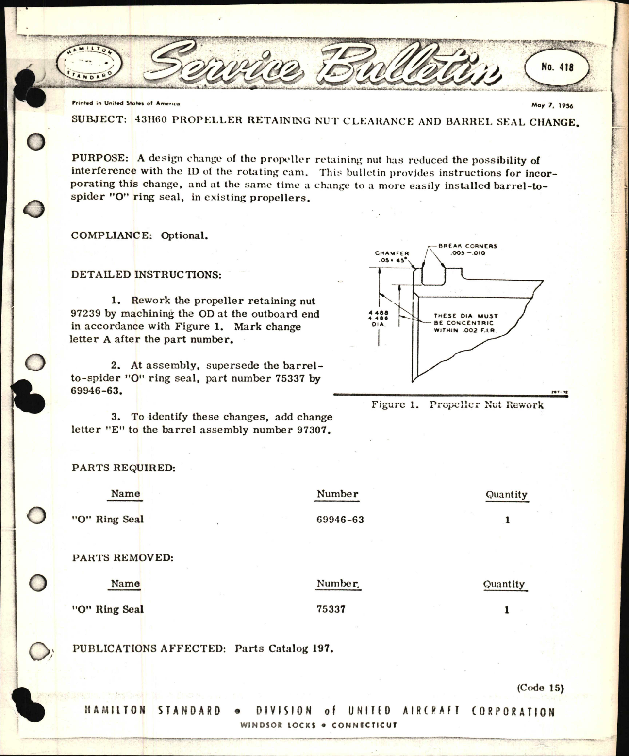 Sample page 1 from AirCorps Library document: 43H60 Propeller Retaining Nut Clearance and Barrel Seal Change