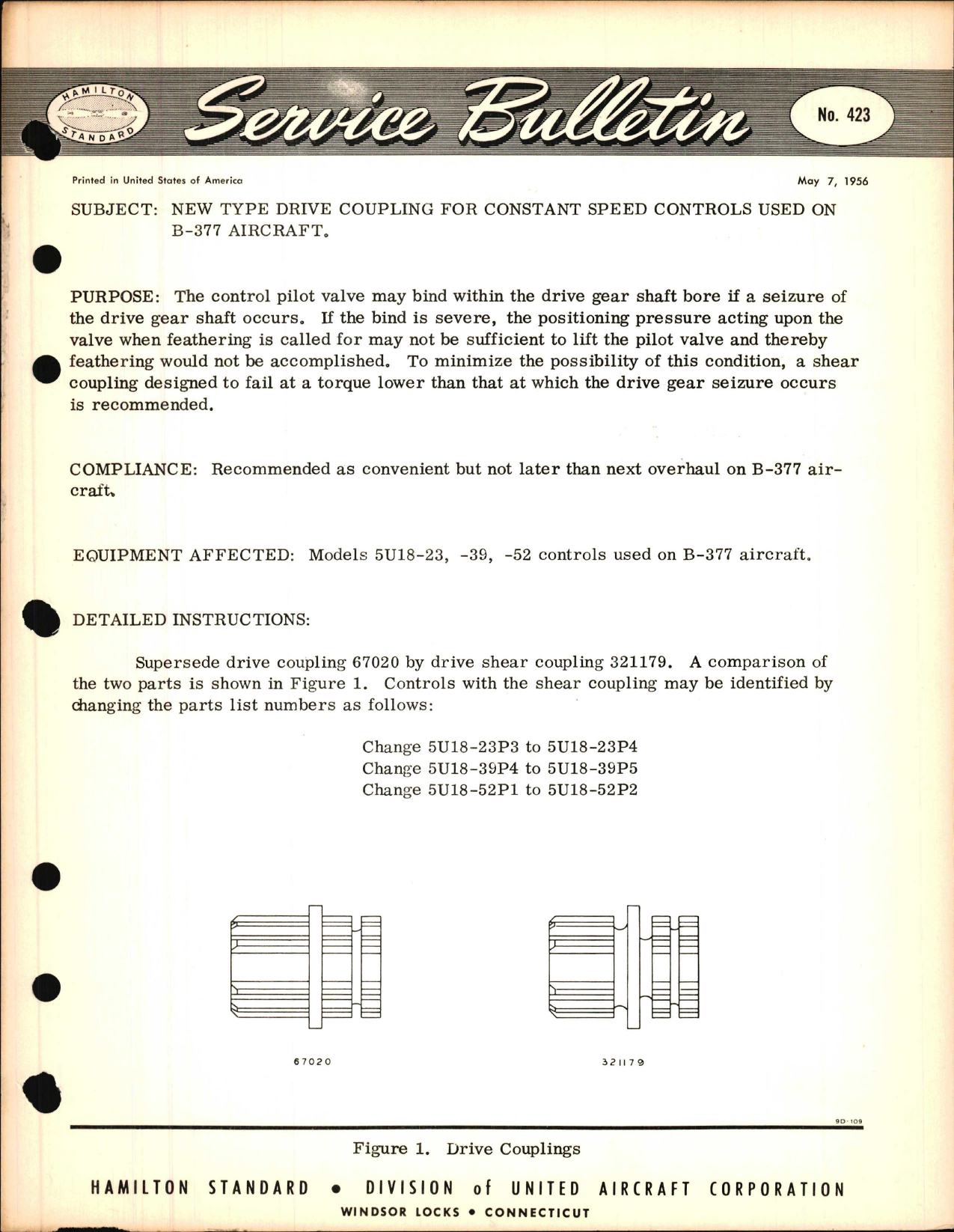 Sample page 1 from AirCorps Library document: New Type Drive Coupling for Constant Speed Controls Used on B-377 Aircraft