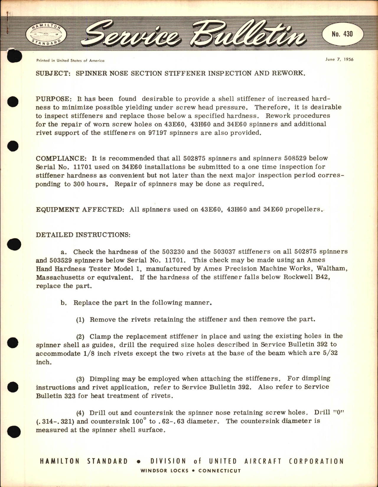 Sample page 1 from AirCorps Library document: Spinner Nose Section Stiffener Inspection and Rework