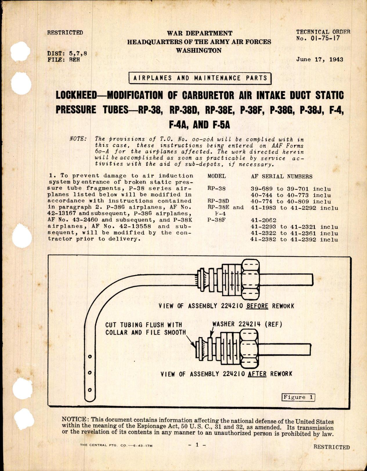 Sample page 1 from AirCorps Library document: Modification of Carburetor Air Intake Duct Static Pressure Tubes for RP-38
