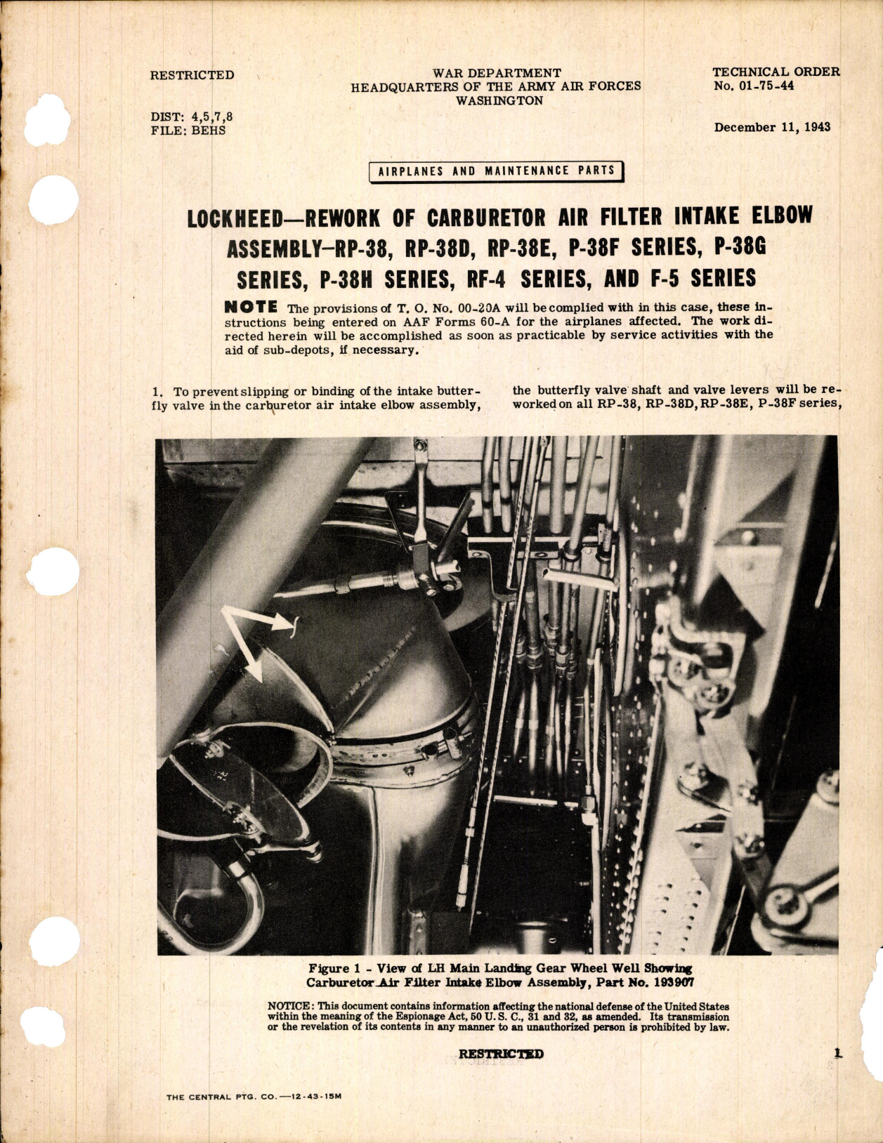 Sample page 1 from AirCorps Library document: Rework of Carburetor Air Filter Intake Elbow Assembly for RP-38