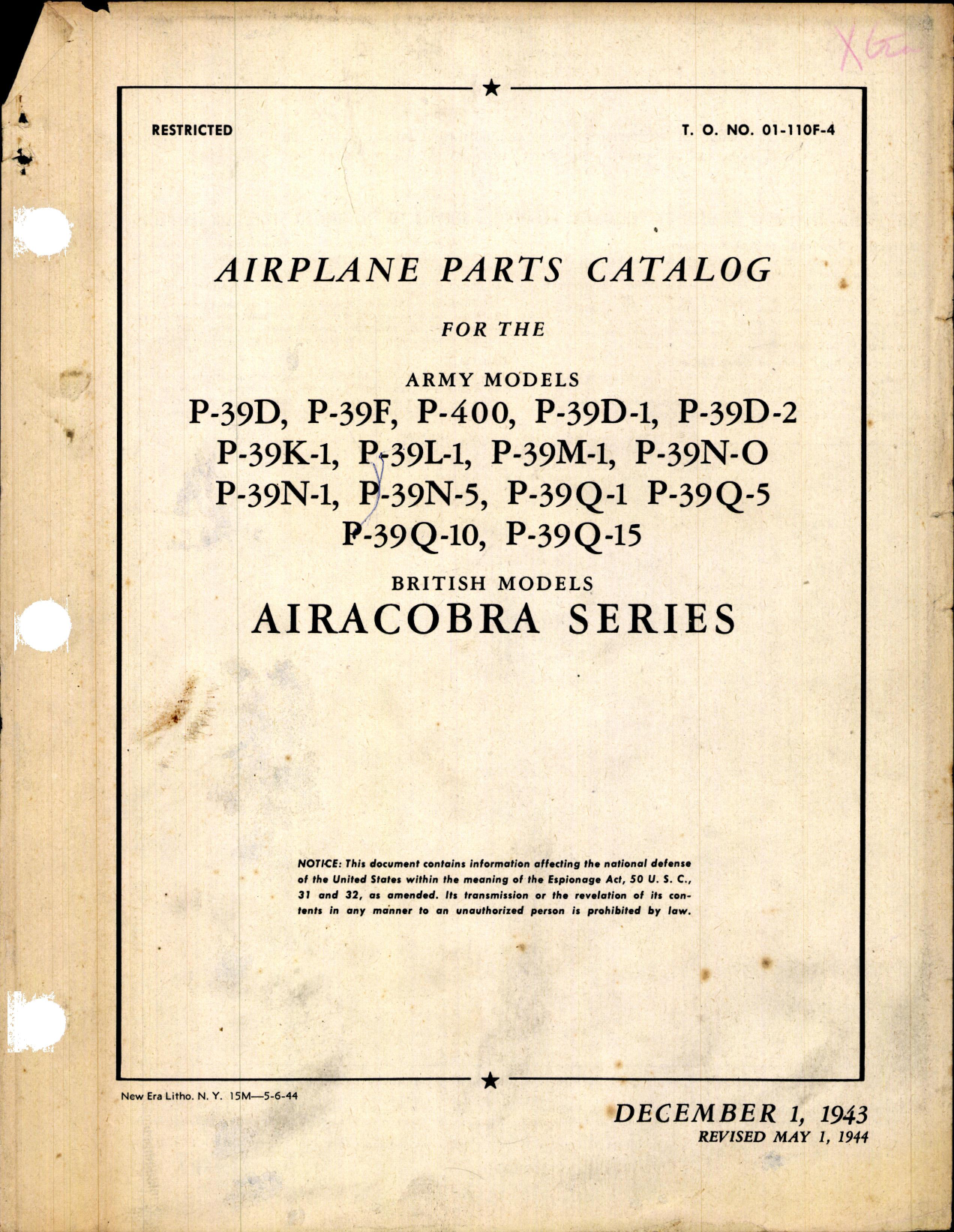 Sample page 1 from AirCorps Library document: Parts Catalog for the P-39