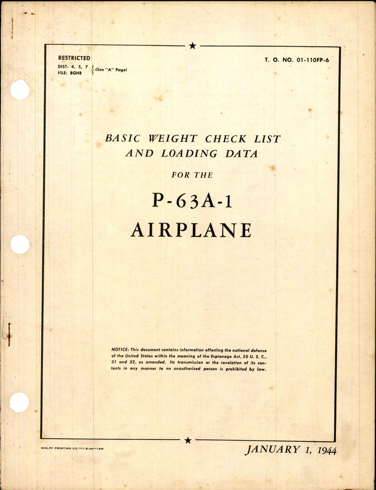 Sample page 1 from AirCorps Library document: Basic Weight and Loading Data for the P-63A-1