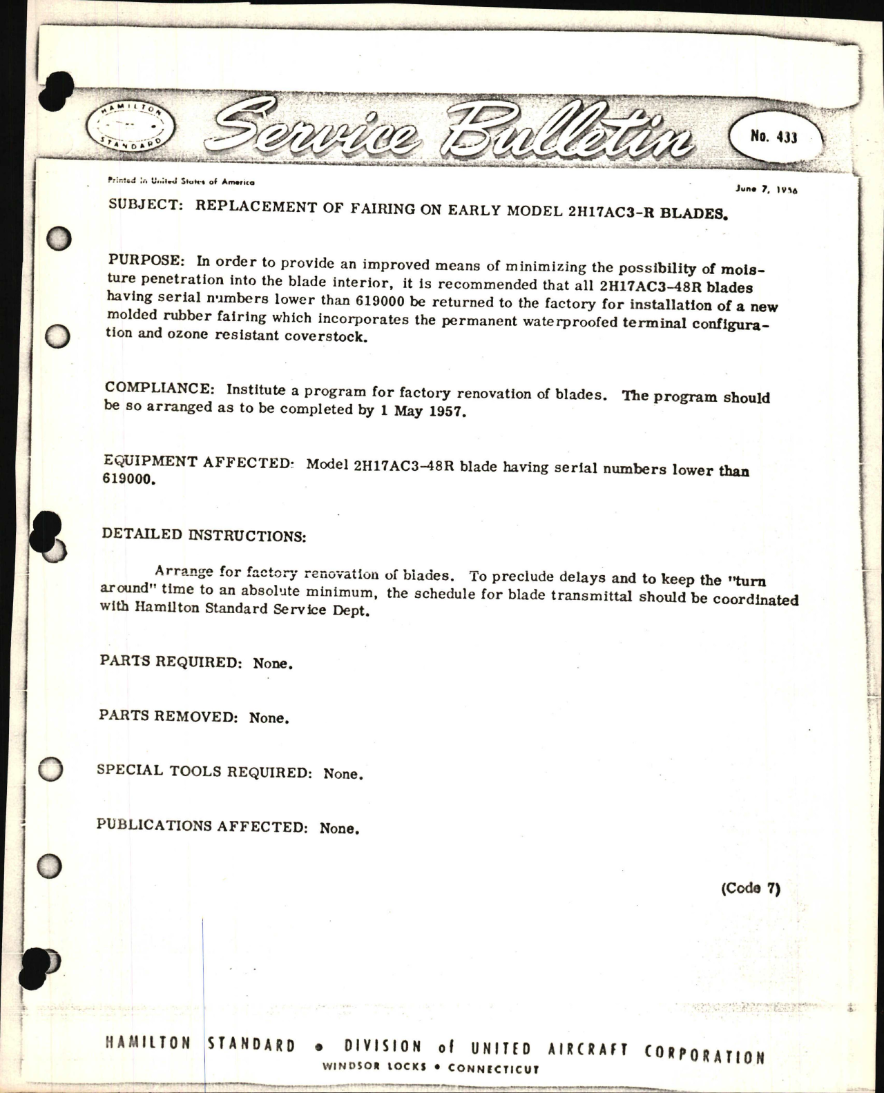 Sample page 1 from AirCorps Library document: Replacement of Fairing on Early Model 2H17AC3-R Blades