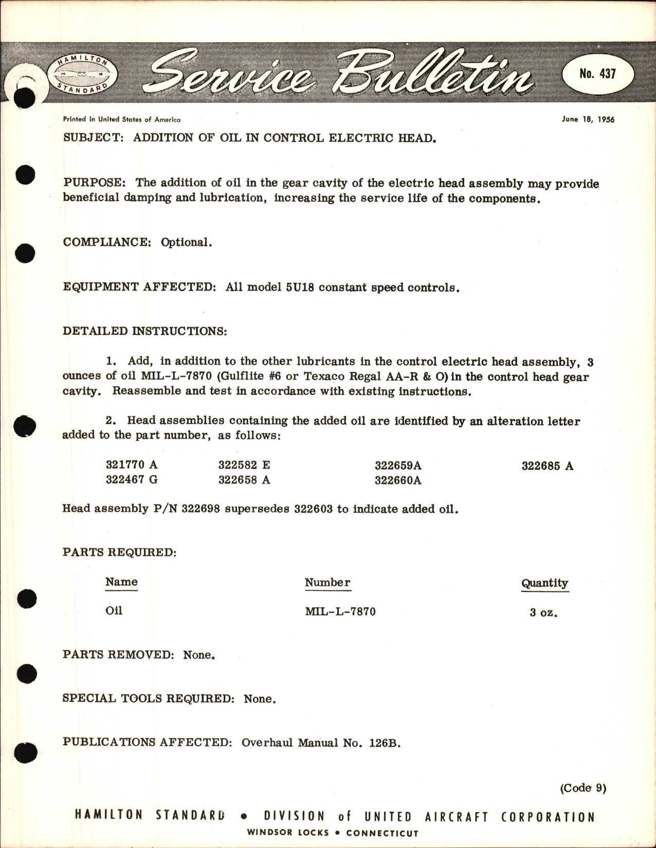 Sample page 1 from AirCorps Library document: Addition of Oil in Control Electric Head