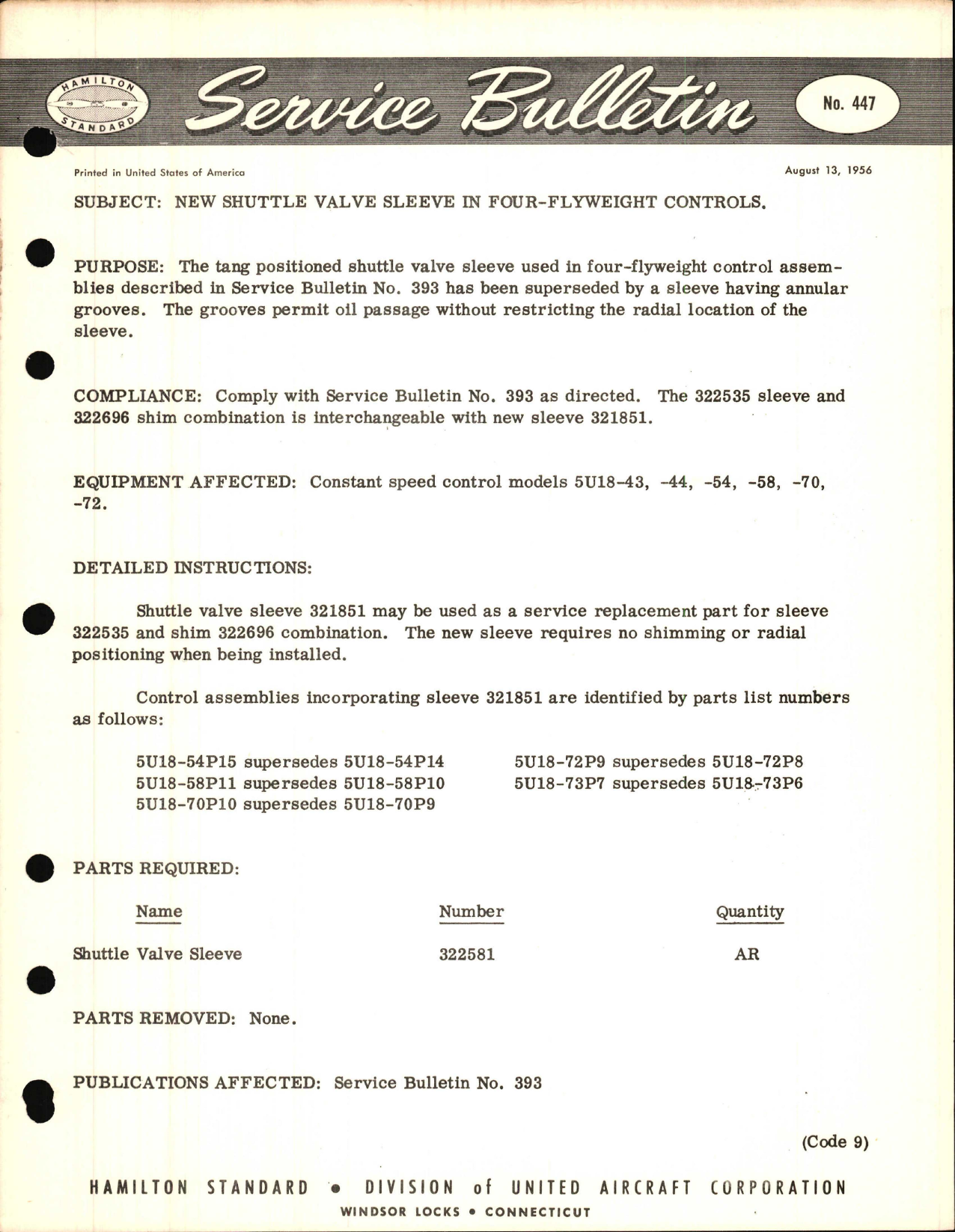 Sample page 1 from AirCorps Library document: New Shuttle Valve Sleeve in Four Flyweight Controls