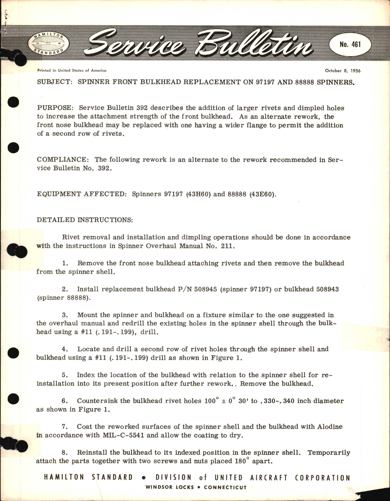Sample page 1 from AirCorps Library document: Spinner Front Bulkhead Replacement on 97197 and 88888 Spinners