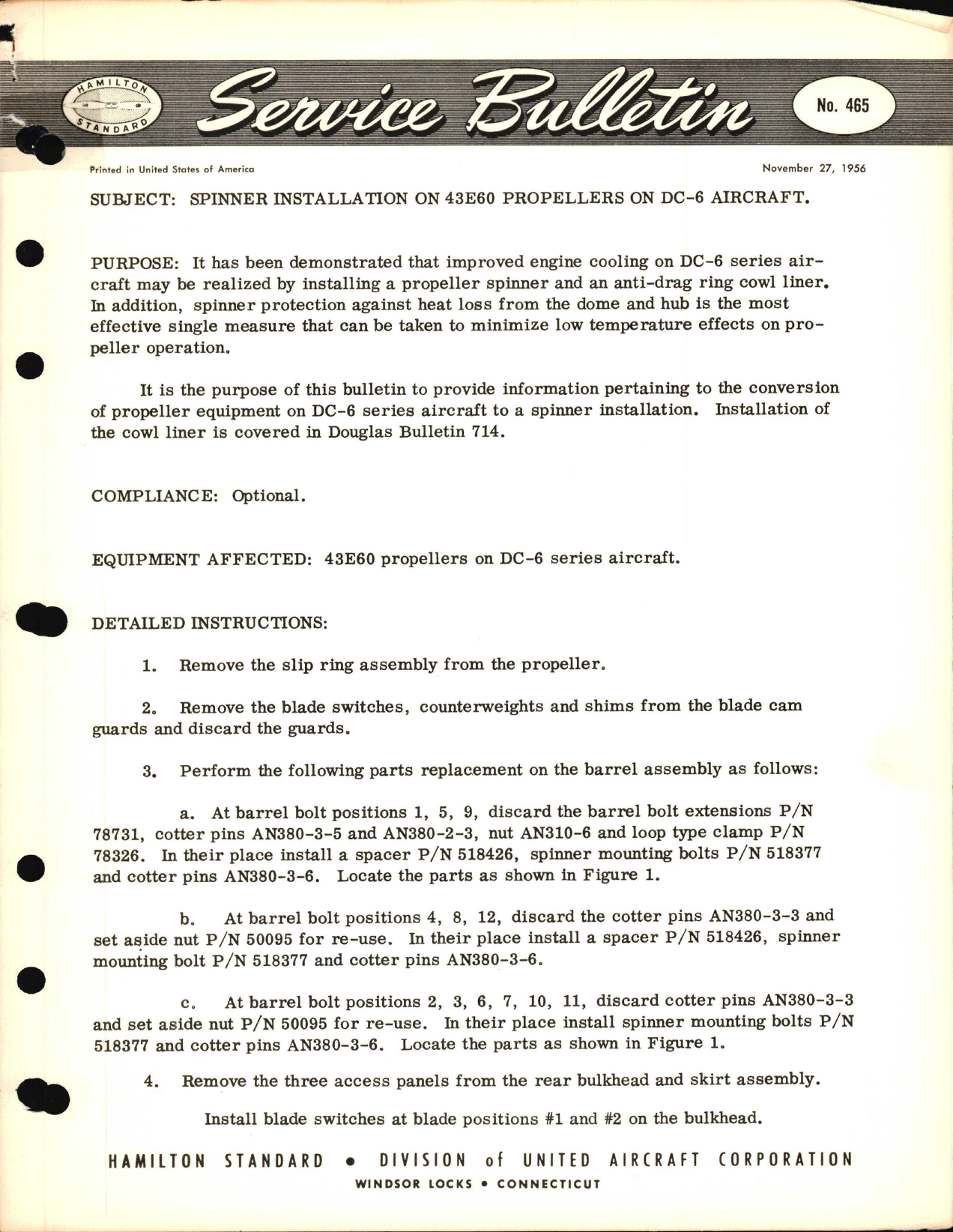 Sample page 1 from AirCorps Library document: Spinner Installation on 43E60 Propellers on DC-6 Aircraft