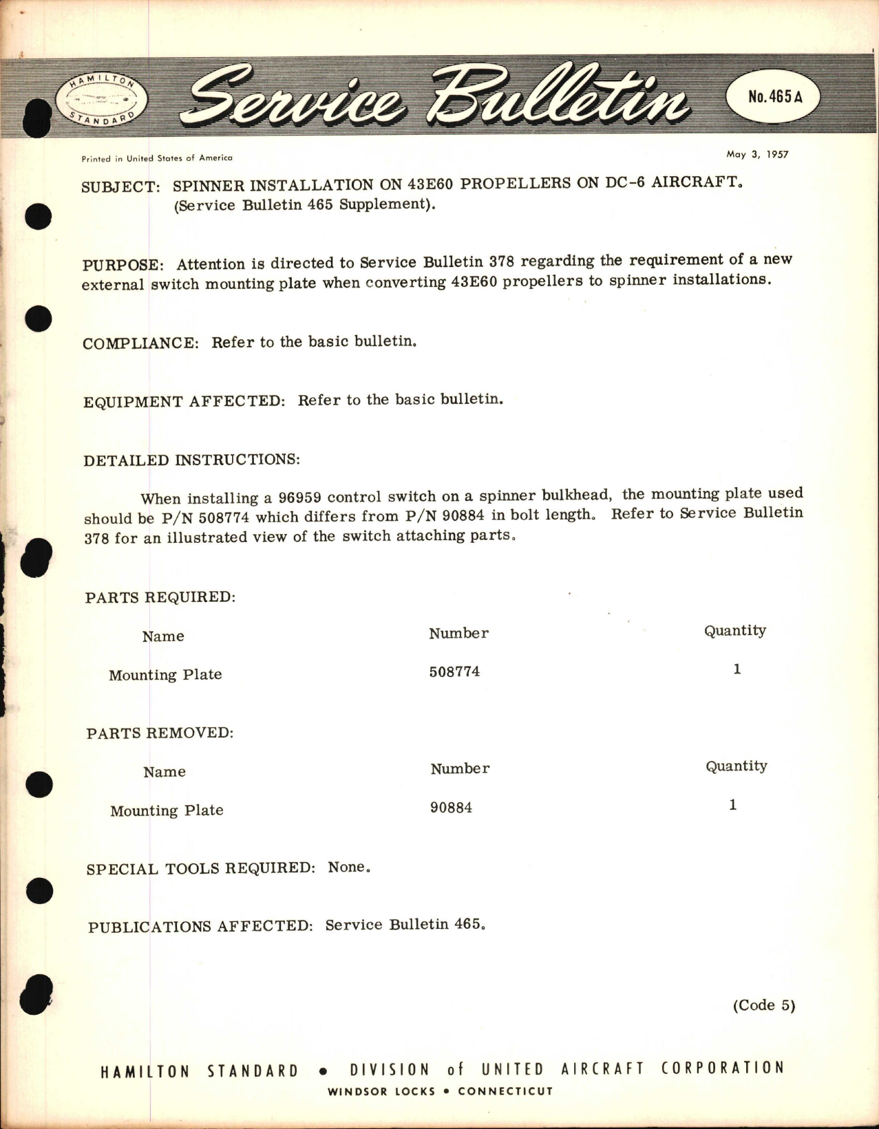 Sample page 1 from AirCorps Library document: Spinner Installation on 43E60 Propellers on DC-6 Aircraft