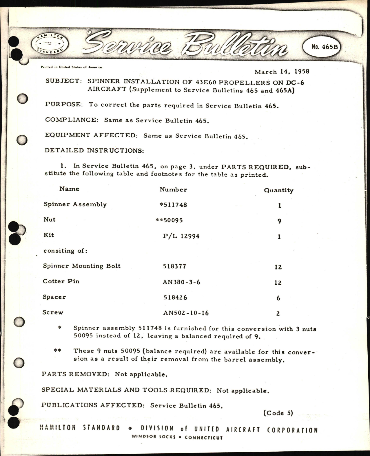 Sample page 1 from AirCorps Library document: Spinner Installation on 43E60 Propellers on DC-6 Aircraft