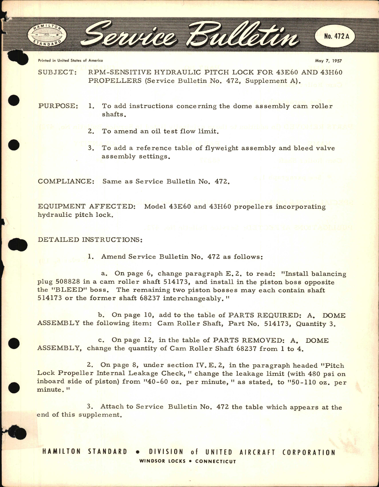 Sample page 1 from AirCorps Library document: RPM Sensitive Hydraulic Pitch Lock for 43E60 and 43H60 Propellers 