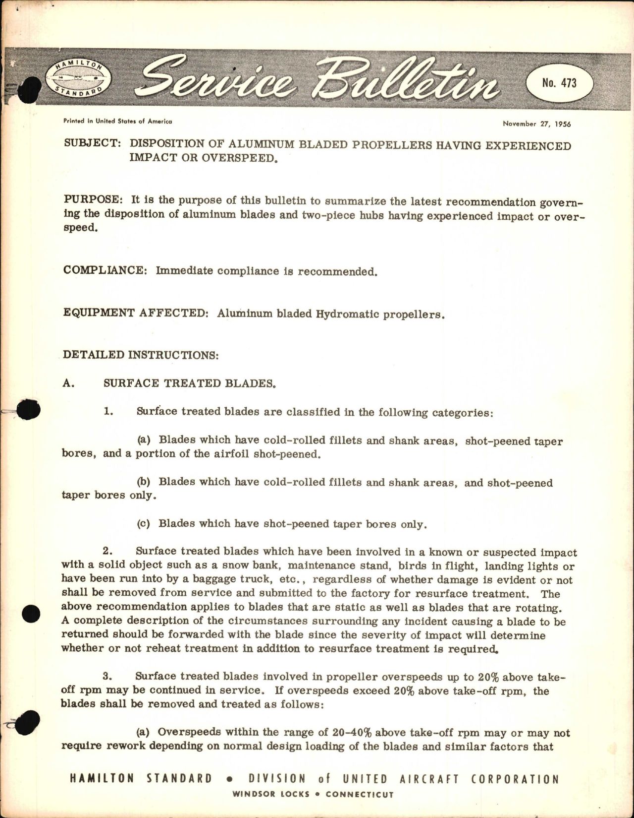 Sample page 1 from AirCorps Library document: Disposition of Aluminum Bladed Propellers Having Experienced Impact or Overspeed