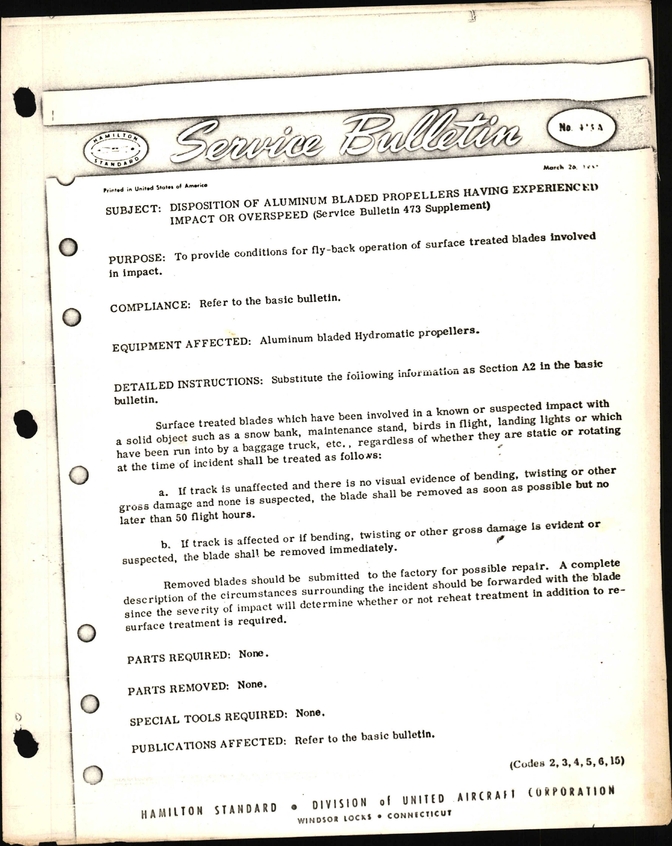 Sample page 1 from AirCorps Library document: Disposition of Aluminum Bladed Propellers Having Experienced Impact or Overspeed