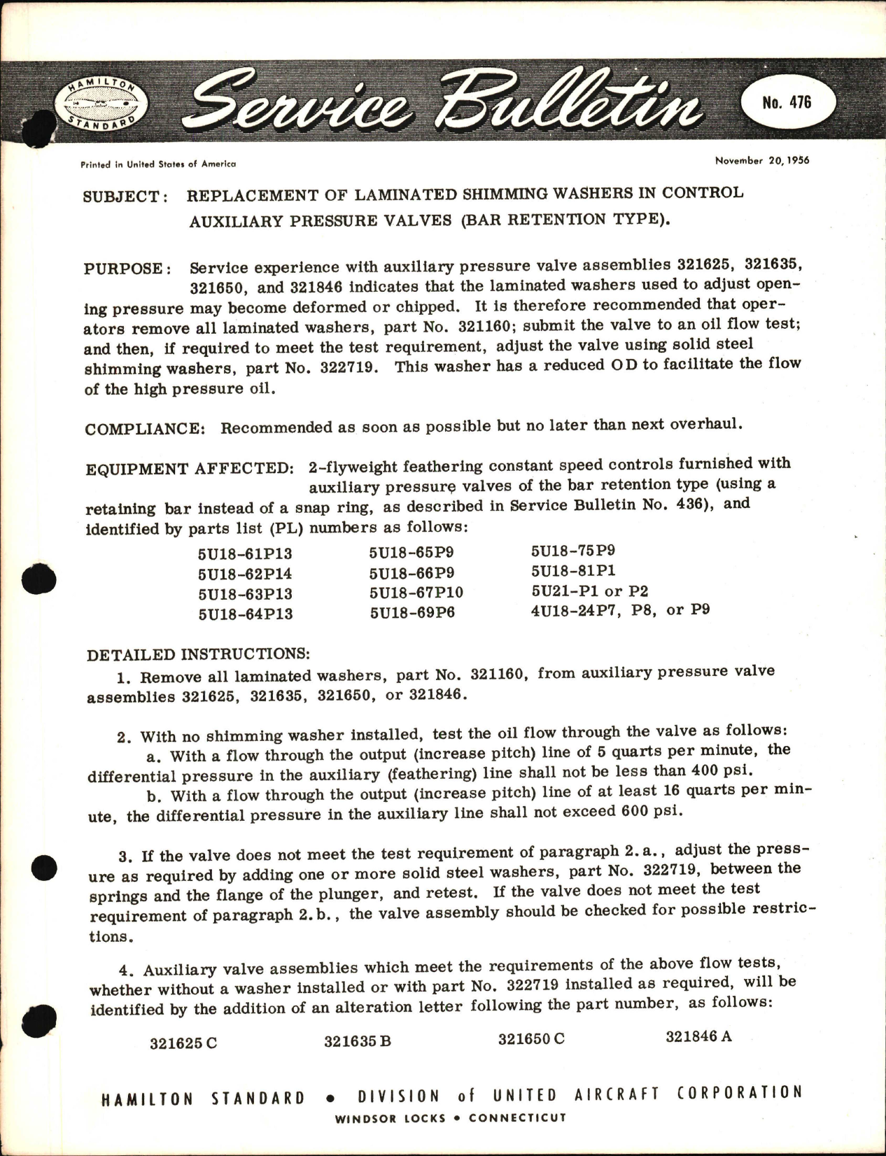 Sample page 1 from AirCorps Library document: Replacement of Laminated Shimming Washers in Control Auxiliary Pressure Valves (Bar Retention Type) 