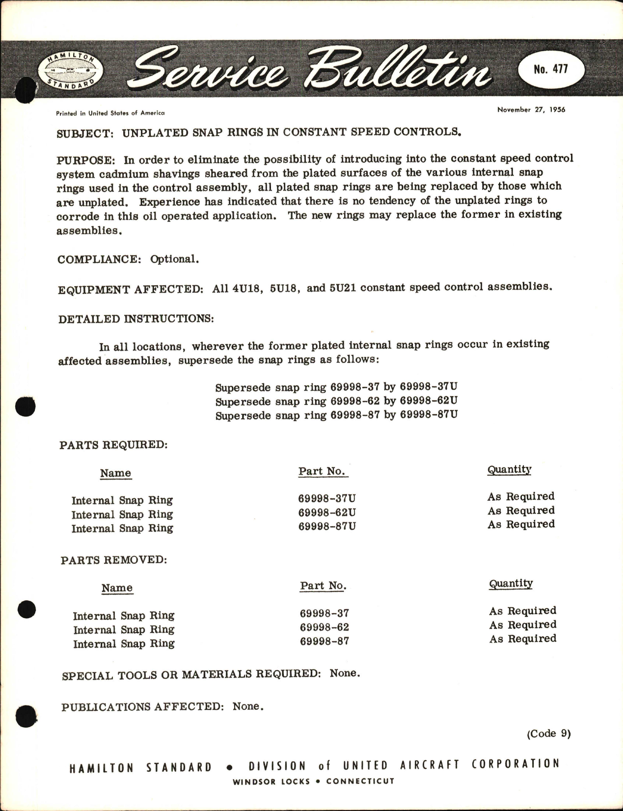 Sample page 1 from AirCorps Library document: Unplated Snap Rings in Constant Speed Controls
