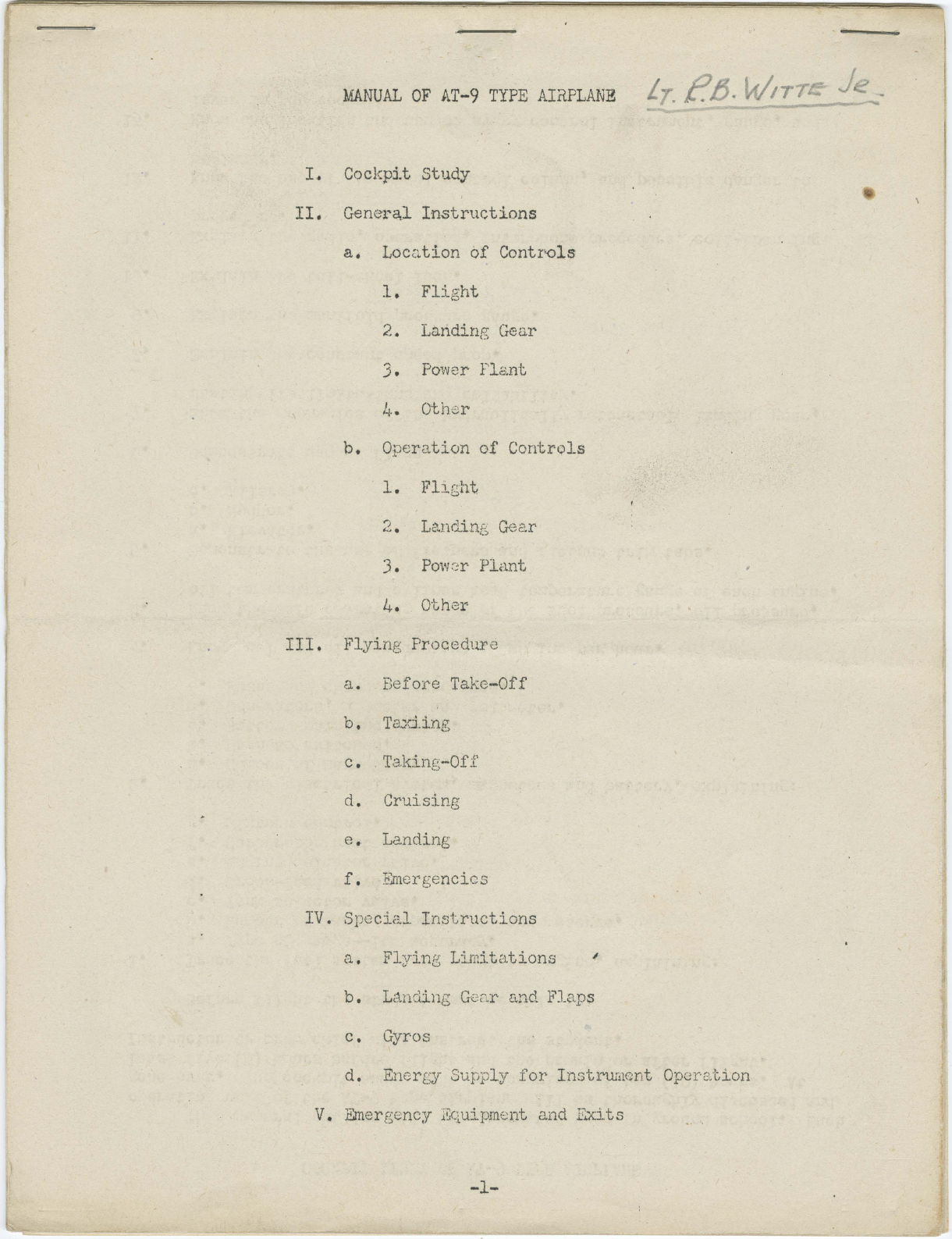 Sample page 1 from AirCorps Library document: Manual of the AT-9 Type Airplane