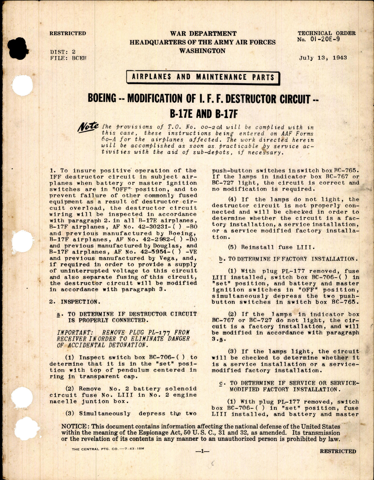 Sample page 1 from AirCorps Library document: Modification of I.F.F. Destructor Circuit for B-17E and F