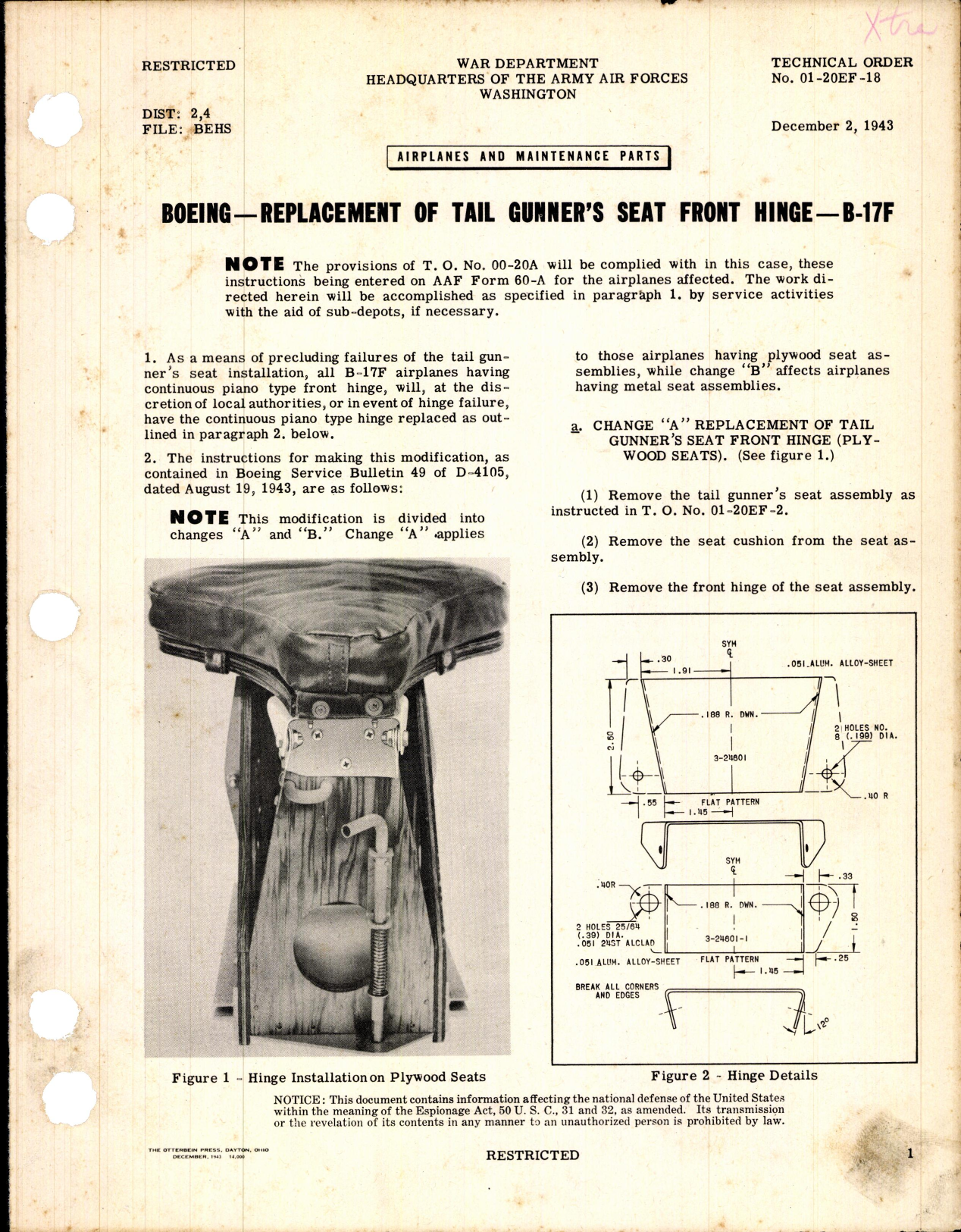 Sample page 1 from AirCorps Library document: Replacement of Tail Gunners Seat Front Hinge for B-17F
