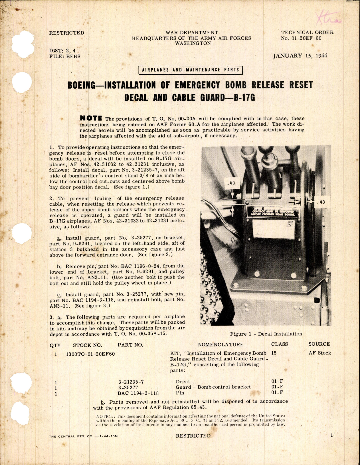 Sample page 1 from AirCorps Library document: Installation of Emergency Bomb Release Reset Decal & Cable Guard for B-17G