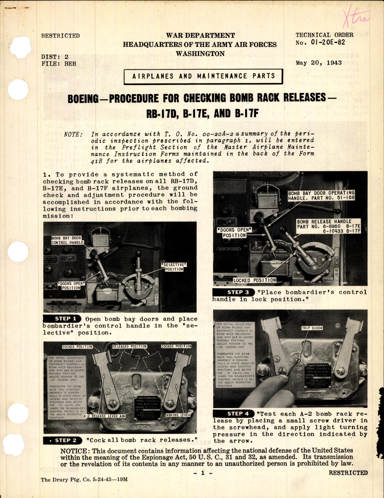 Sample page 1 from AirCorps Library document: Procedure for Checking Bomb Rack Releases for RB-17D, RB-17E, and B-17F