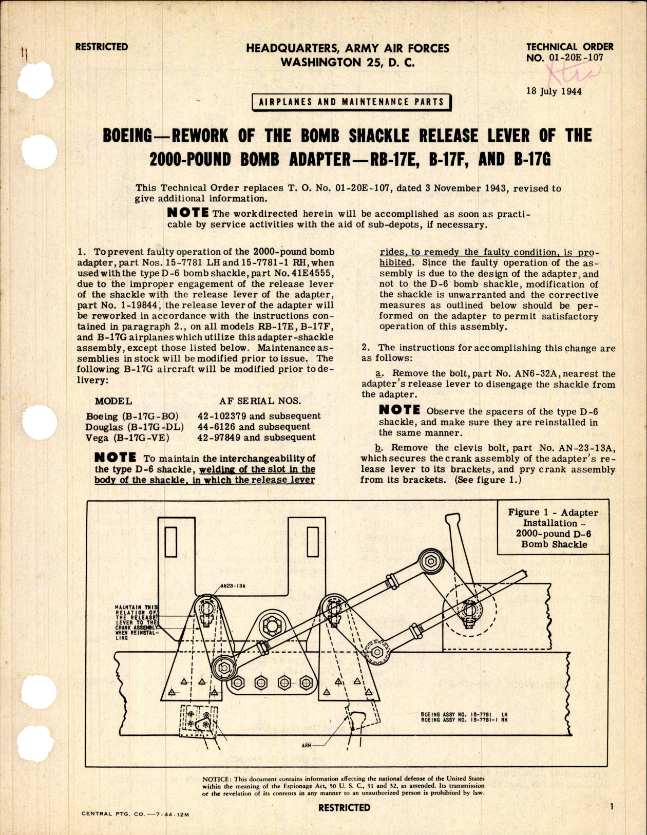 Sample page 1 from AirCorps Library document: Rework of Bomb Shackle Release Lever of the 2000lb Bomb Adapter for RB-17E, B-17F, and B-17G