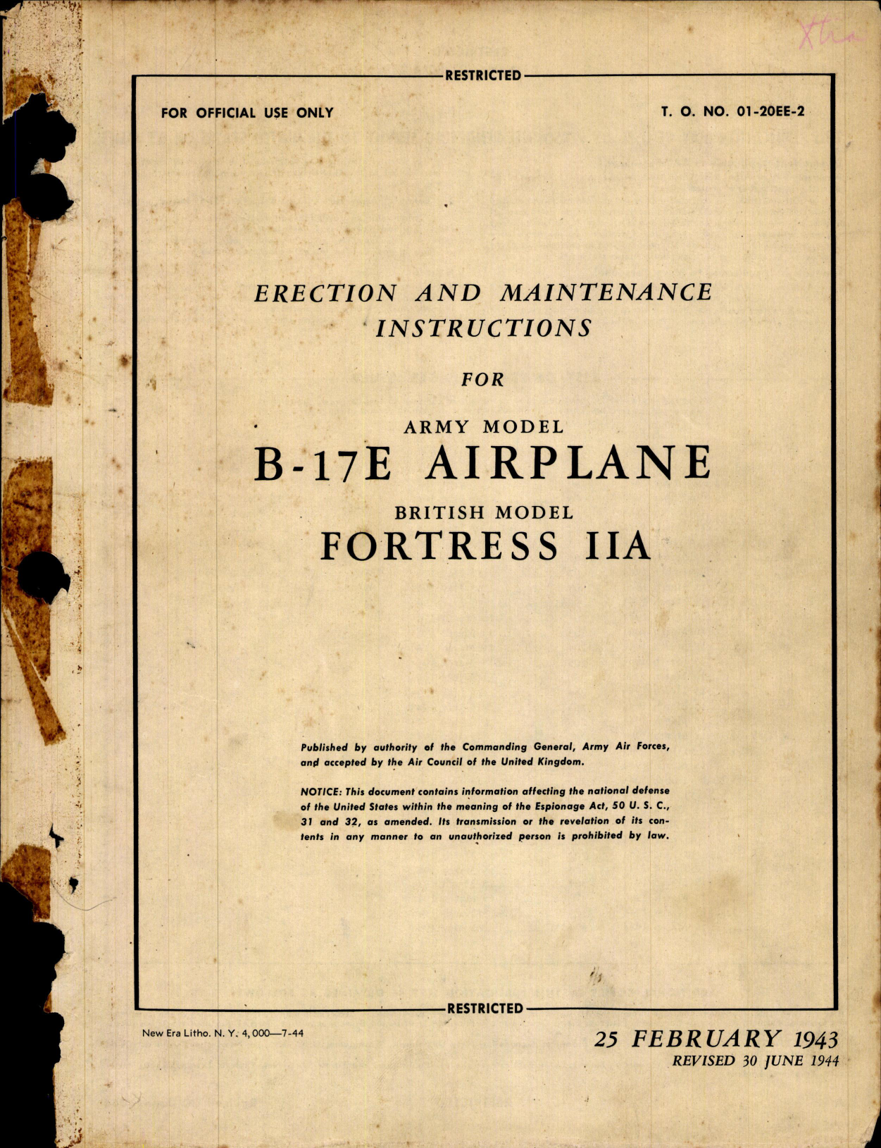 Sample page 1 from AirCorps Library document: Erection and Maintenance Instructions for B-17E 