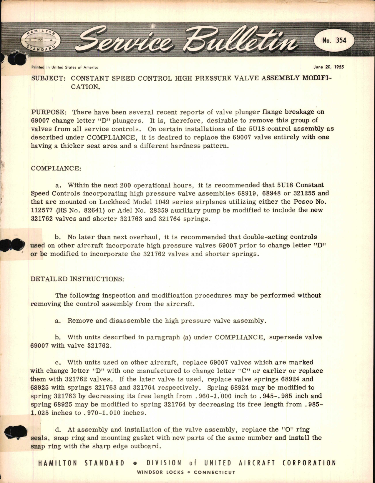 Sample page 1 from AirCorps Library document: Constant Speed Control High Pressure Valve Assembly Modification