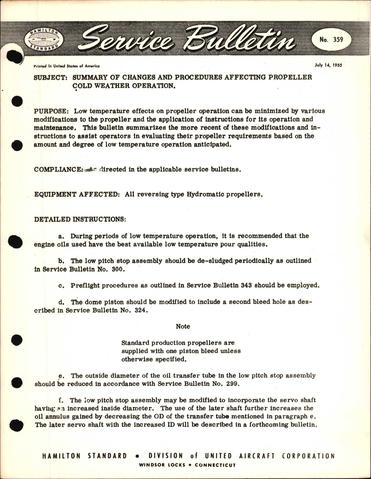Sample page 1 from AirCorps Library document: Summary of Changes and Procedures Affecting Propeller Cold Weather Operation