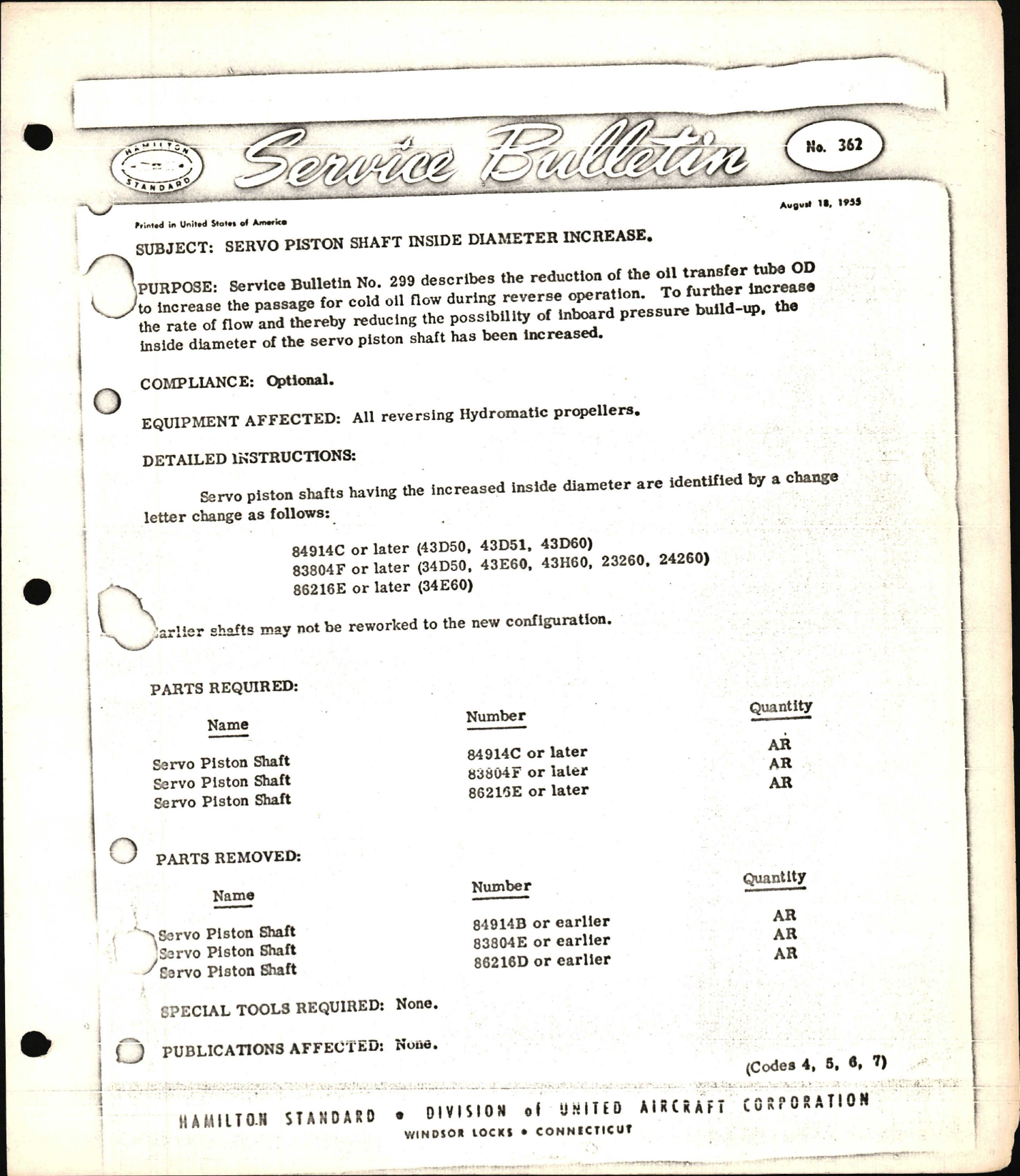Sample page 1 from AirCorps Library document: Servo Piston Shaft Inside Diameter Increase