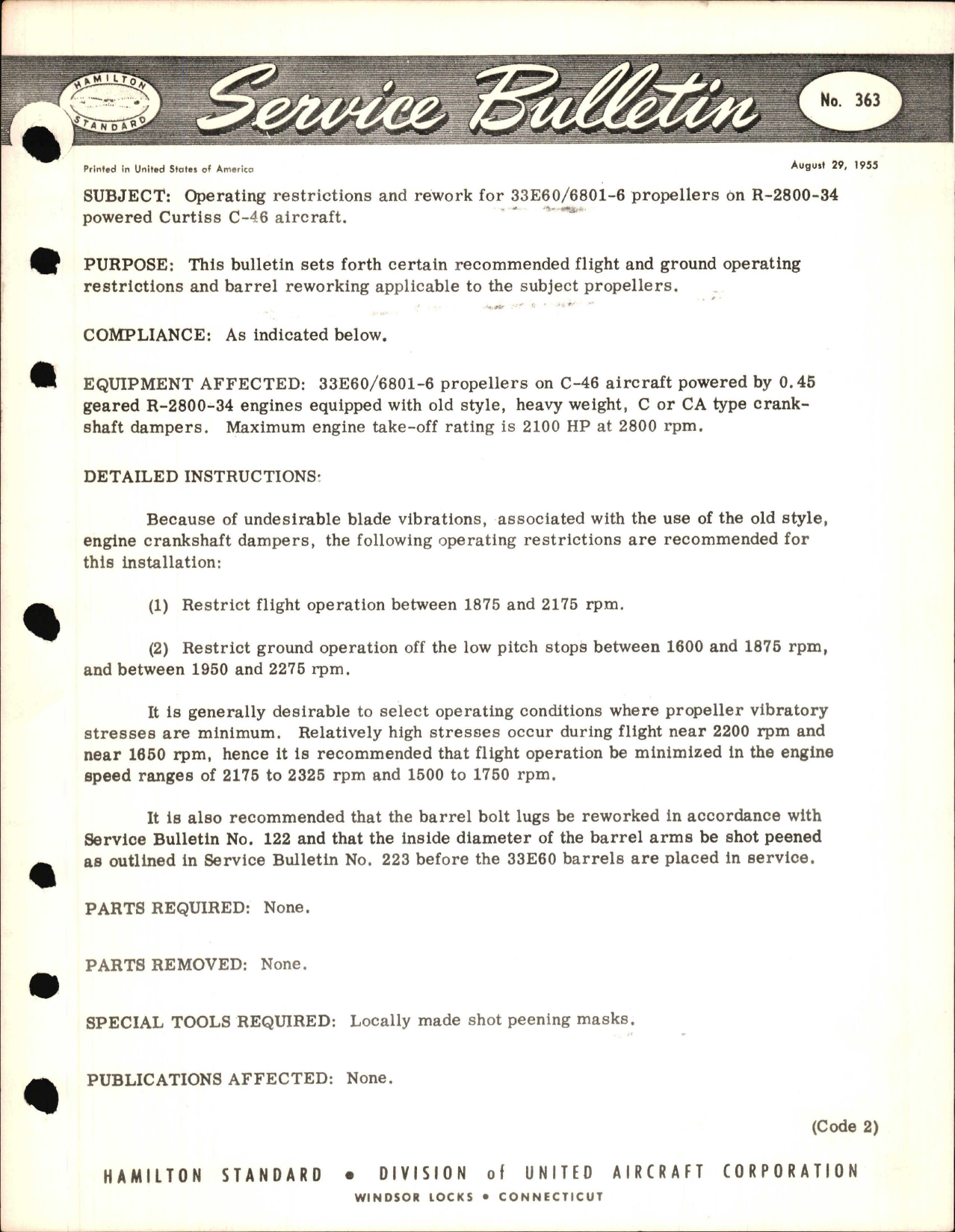 Sample page 1 from AirCorps Library document: Operating Restrictions and Rework for 33E60/6801-6 Propellers on R-2800-34 Powered Curtiss C-46 Aircraft