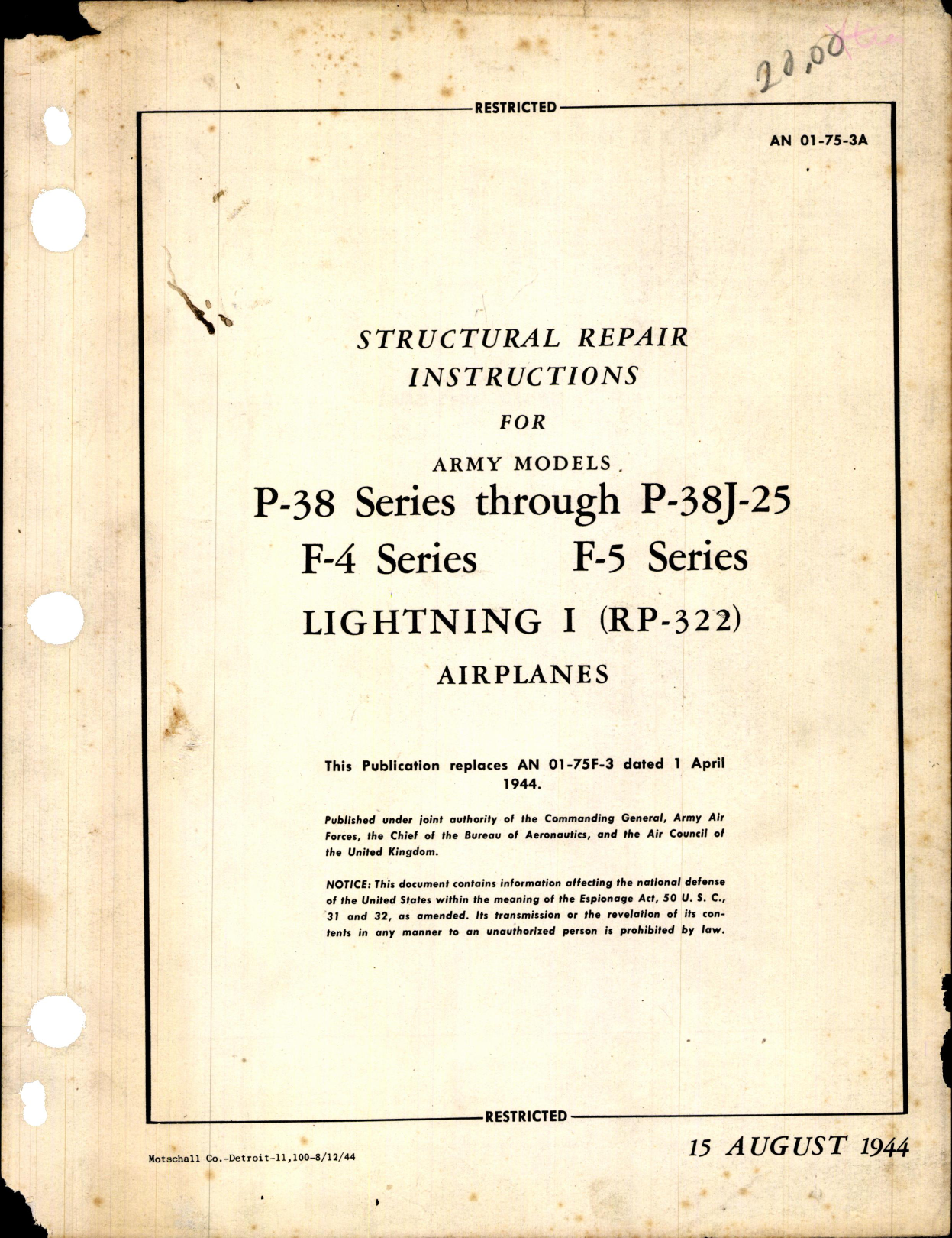 Sample page 1 from AirCorps Library document: Structural Repair Inst for P-38 Series thru P-38J-25, F-4, and F-5 Series