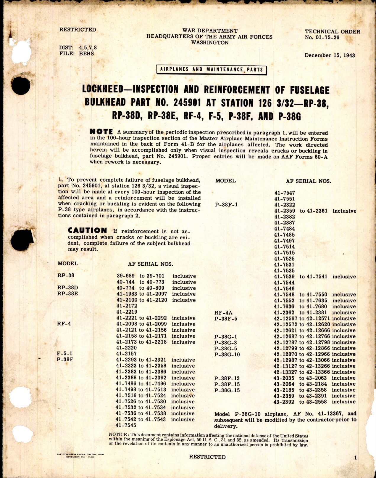 Sample page 1 from AirCorps Library document: Inspection and Reinforcement of Fuselage Bulkhead Part No. 245901 at Station 126 3/32 for RP-38