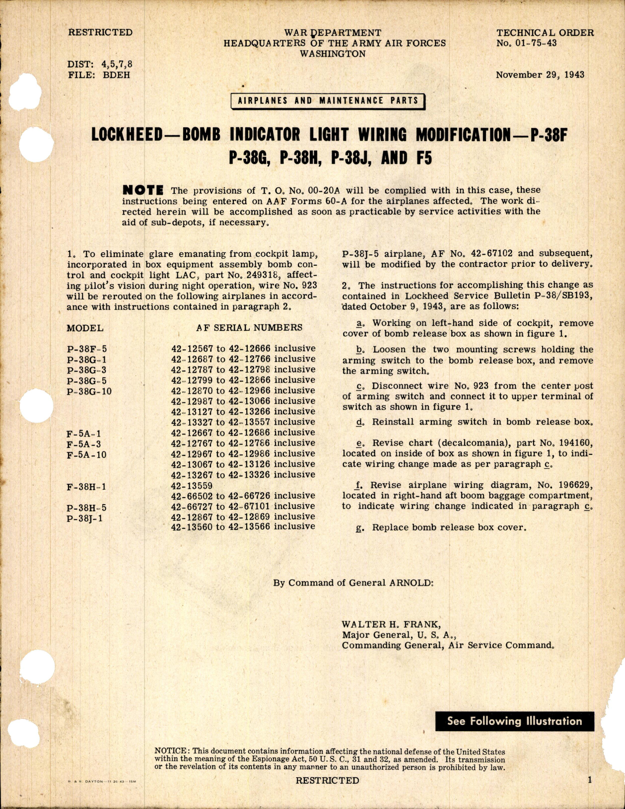 Sample page 1 from AirCorps Library document: Bomb Indicator Light Wiring Modification for P-38F, G, H, J, and F5
