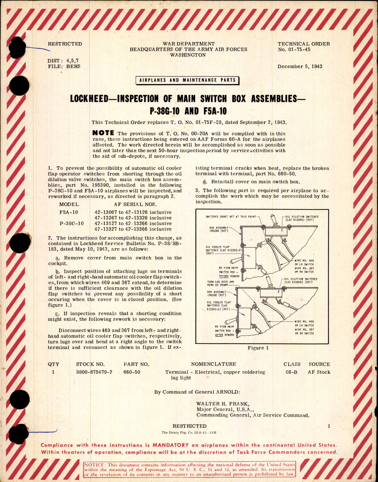 Sample page 1 from AirCorps Library document: Inspection of Main Switch Box Assemblies for P-38G-10 and F5A-10