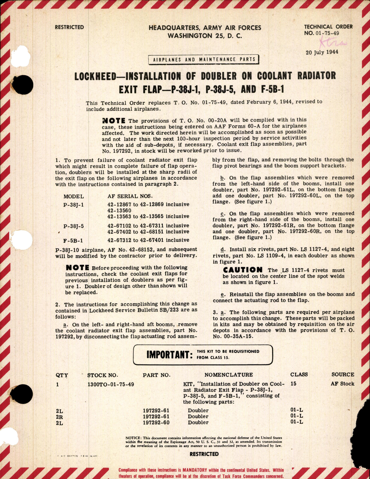 Sample page 1 from AirCorps Library document: Installation of Doubler on Coolant Radiator Exit Flap for P-38J-1, -5, and F-5B-1